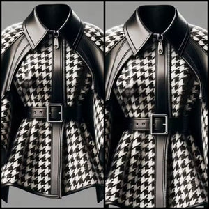 Women Fashion B&W Buckled Houndstooth Jacket