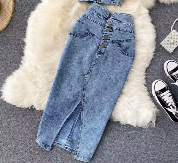 Women Sexy Zip Up Sleeveless Two Piece Denim Maxi Skirt Set