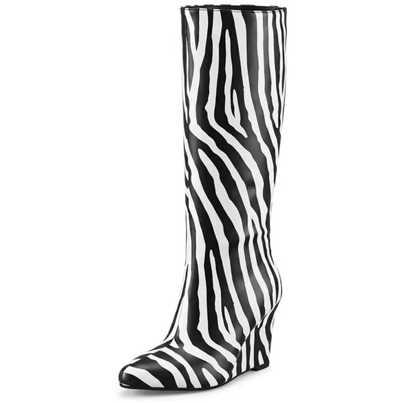 Women Fashion B&W Animal Print Wedge Knee High Boots