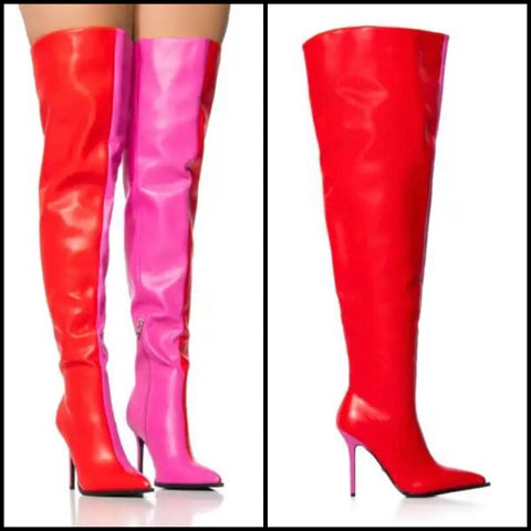 Women Faux Leather Color Patchwork Over The Knee Fashion Boots