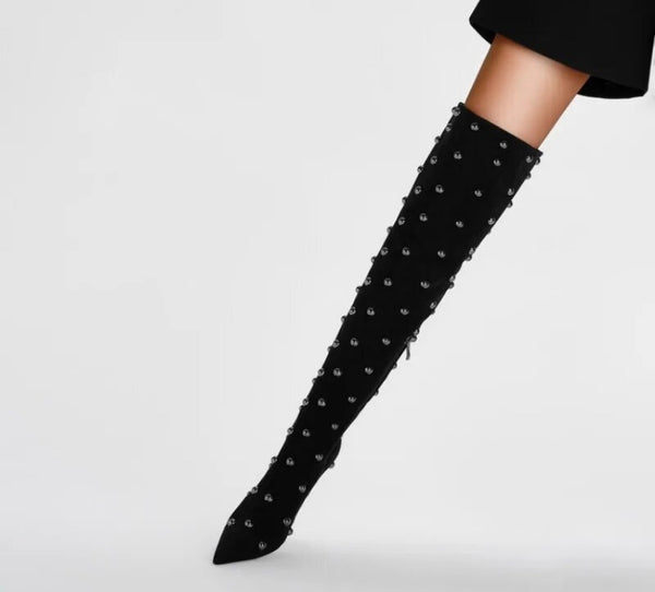 Women Suede Rivet Fashion Pointed Toe Over The Knee Boots