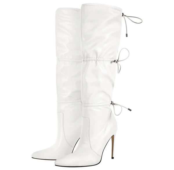 Women Fashion Faux Leather High Heel Tie Up Knee High Boots