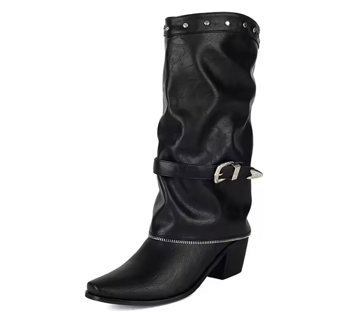 Women Fashion Rivet Zipper Buckled Western Boots