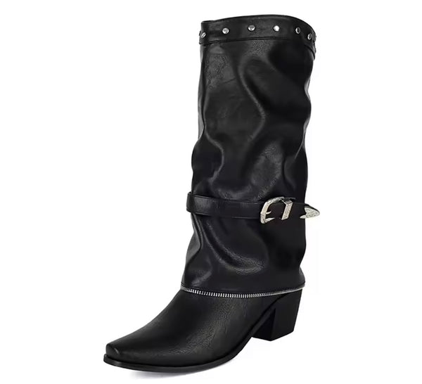 Women Fashion Rivet Zipper Buckled Western Boots