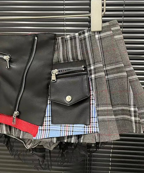 Women Sexy Fashion Faux Leather Plaid Pleated Short Skirt