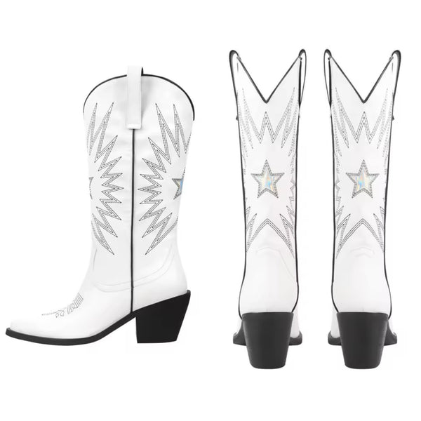 Women Fashion White Metallic Star Knee High Western Boots