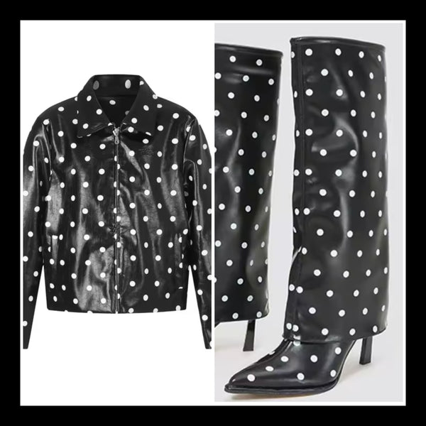Women Fashion Black Polka Dot Faux Leather Jacket