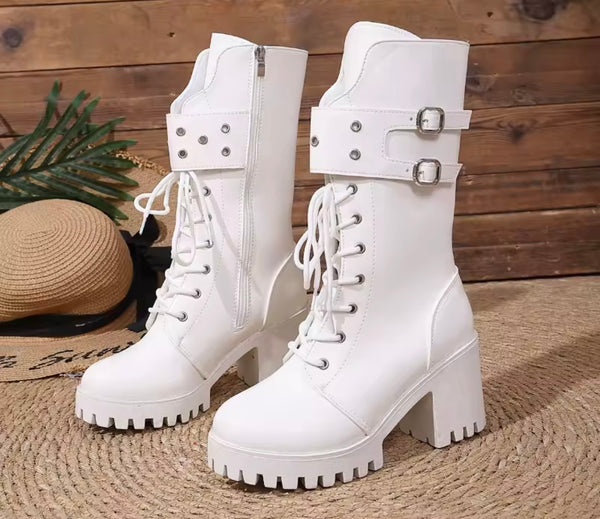 Women Fashion Tie Up Double Buckle Zip Up Ankle Boots