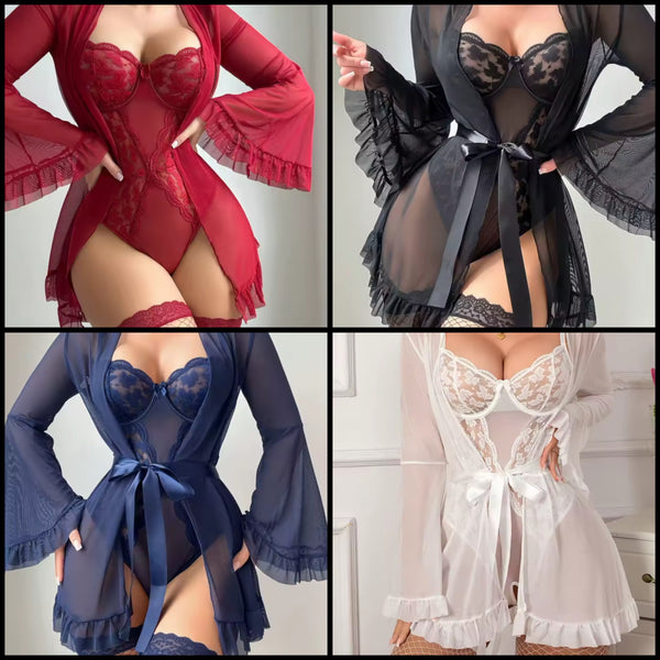 Women Sexy Lace Mesh Bodysuit Lingerie Set