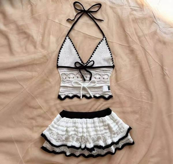 Women Sexy Halter Sleeveless B&W Knitted Two Piece Skirt Set