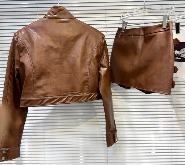 Women Fashion Faux Leather Buckled Two Piece Jacket Skirt Set