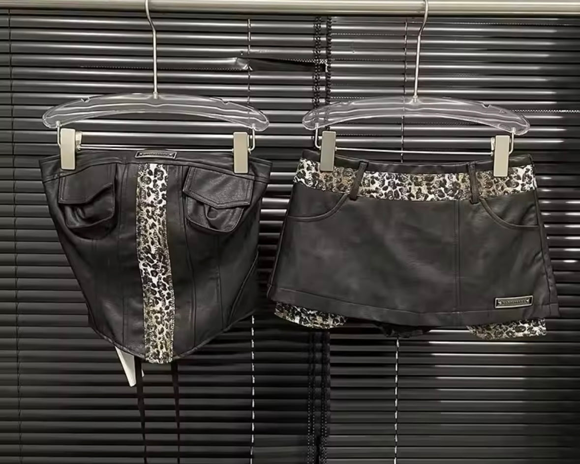 Women Sexy Strapless Leopard Patchwork Faux Leather Two Piece Skirt Set