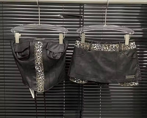 Women Sexy Strapless Leopard Patchwork Faux Leather Two Piece Skirt Set
