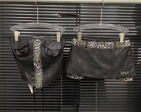 Women Sexy Strapless Leopard Patchwork Faux Leather Two Piece Skirt Set