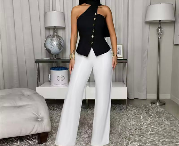 Women Button Up Halter Sleeveless Two Piece Pant Set