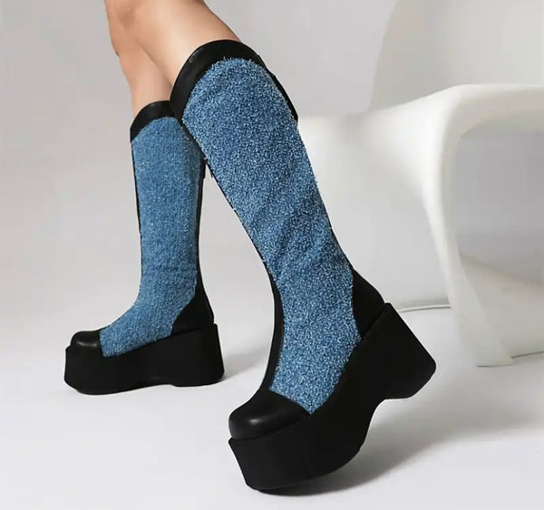 Women Fashion Denim Color Patchwork Platform Knee High Boots