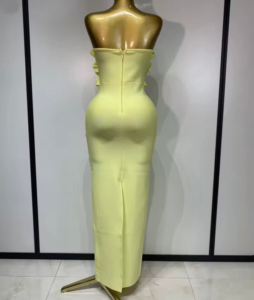 Women Yellow Ruffled Strapless Sexy Maxi Dress