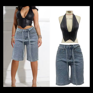 Women Fashion Faux Leather Halter Two Piece Bling Denim Short Set