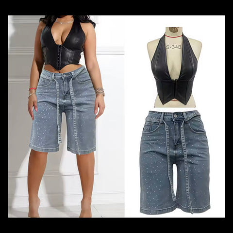 Women Fashion Faux Leather Halter Two Piece Bling Denim Short Set