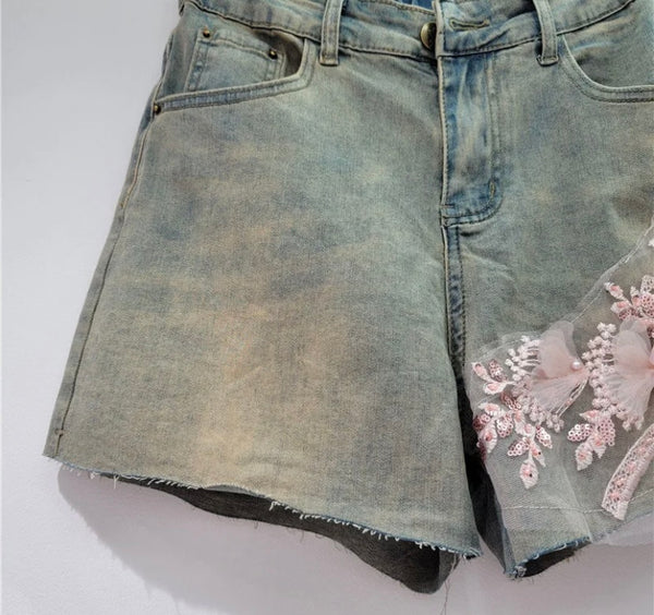 Women Fashion Pink Floral Patchwork Denim Shorts