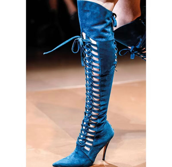 Women Color Fashion Pointed Toe Tie Up Suede Knee High Boots