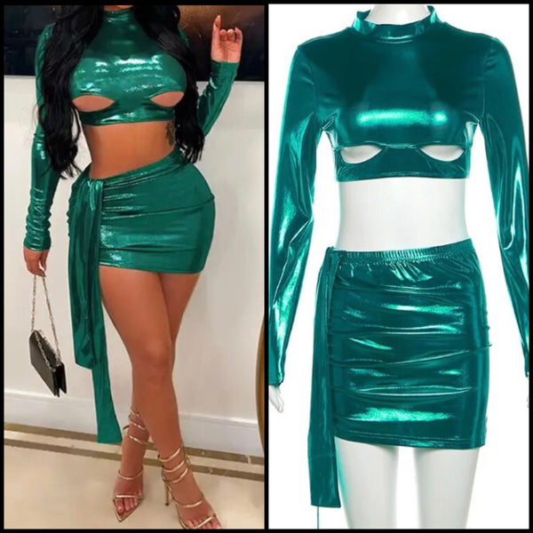 Women Sexy Green PU Full Sleeve Crop Two Piece Skirt Set