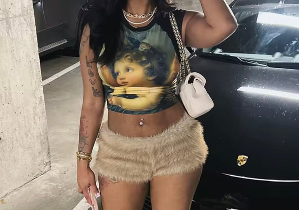 Women Sexy Fashion Faux Fur Crop Two Piece Short Set