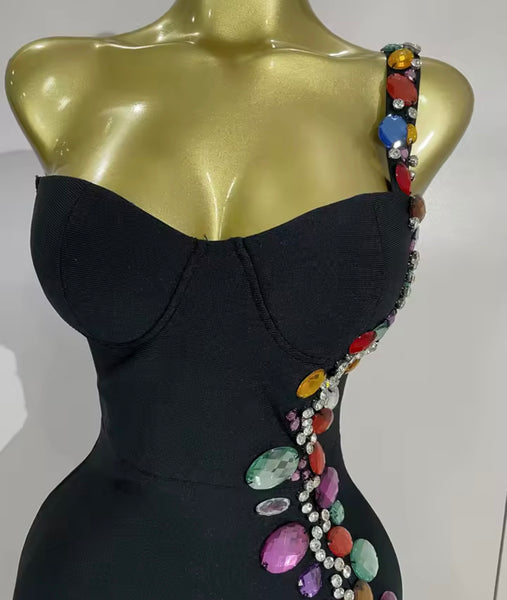 Women Black One Shoulder Sleeveless Colorful Crystal Maxi Dress