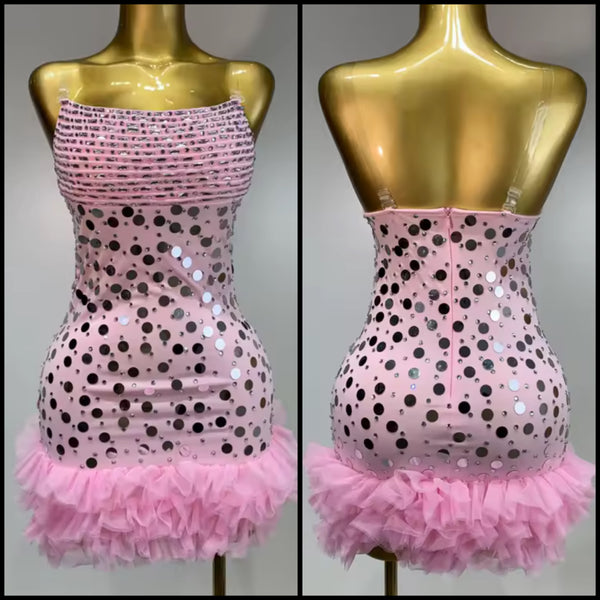 Women Sexy Sleeveless Pink Ruffle Beaded Sequins Dress
