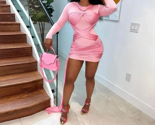 Women Sexy Full Sleeve Pink Lace Up Dress