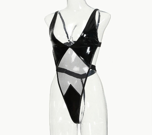 Women Sexy Sleeveless PU Mesh Black Bodysuit Lingerie