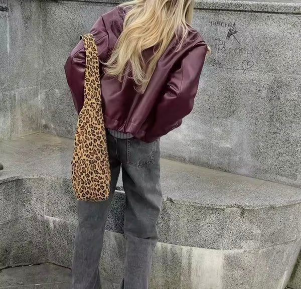 Women Color Zip Up Fashion Faux Leather Jacket