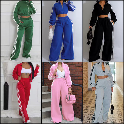 Women Striped Zip Up Fashion Two Piece Tracksuit Pant Set
