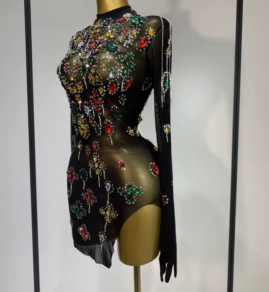 Women Sexy Black Color Crystal Full Sleeve Glove Mesh Dress