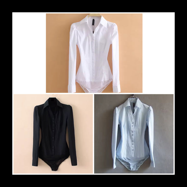 Women Fashion Button Up Full Sleeve Collar Bodysuit Top