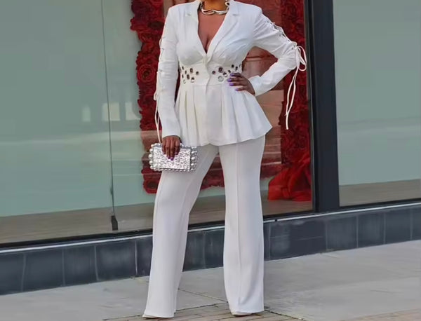 Women Full Sleeve Metal Hollow Out Blazer Two Piece Pant Set