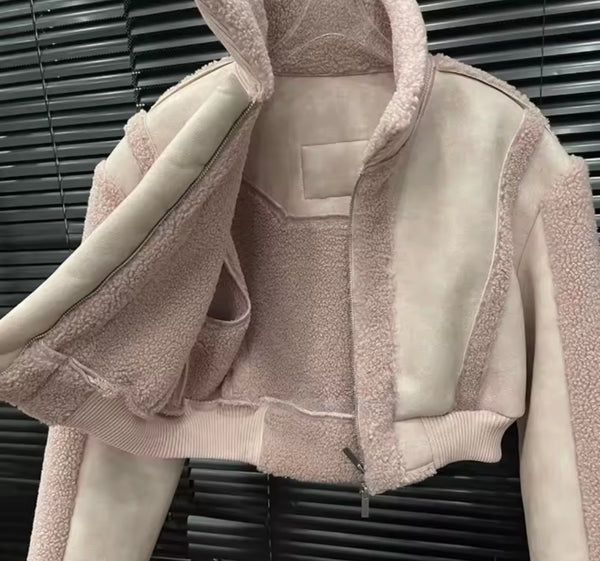 Women Fashion Fur Patchwork Jacket Two Piece Skirt Set