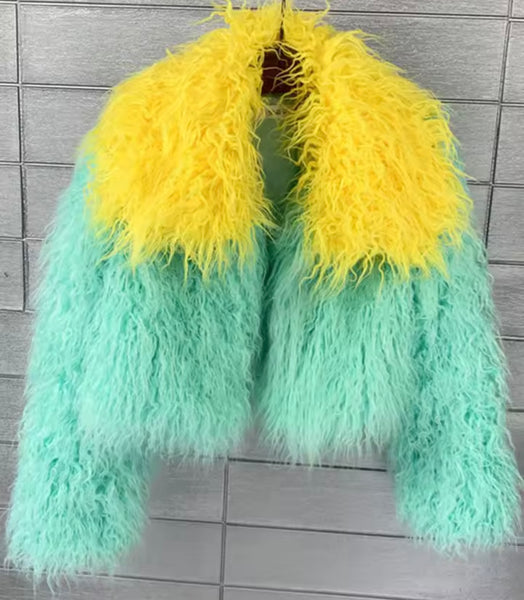 Women Color Patchwork Fashion Faux Fur Short Jacket