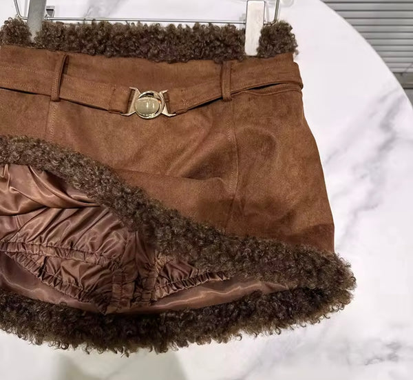 Women Brown Sleeveless Fashion Two Piece Suede Fur Skirt Set