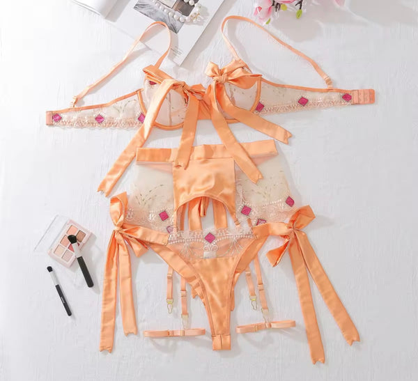 Women Sexy Orange Tie Up Bow Mesh Patchwork Lingerie Set