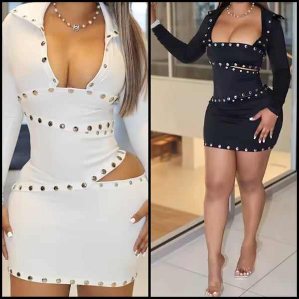 Women Sexy Collar Rivet Cut Out Full Sleeve Dress