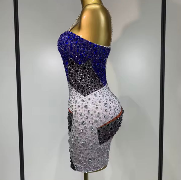 Women Sexy Color Patchwork Rhinestone Sleeveless Dress