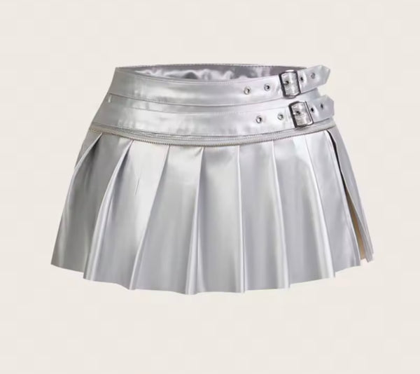Women Sexy Fashion Buckled Pleated Faux Leather Skirt