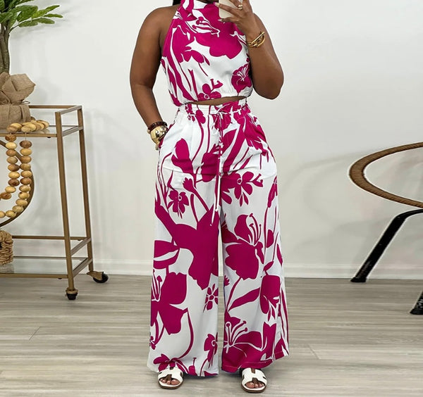 Women Sleeveless Color Patchwork Printed Two Piece Fashion Pant Set