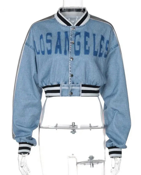 Women Fashion Letter Print Denim Varsity Crop Jacket