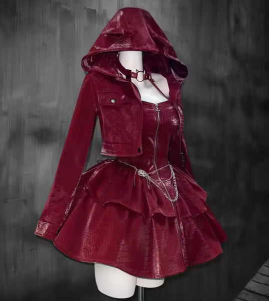 Women Choker Zip Up Faux Leather Two Piece Hooded Jacket Dress Set