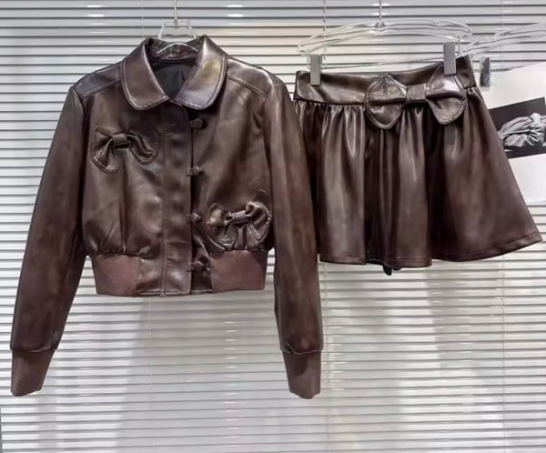 Women Fashion Brown Bow Faux Leather Jacket Two Piece Skirt Set