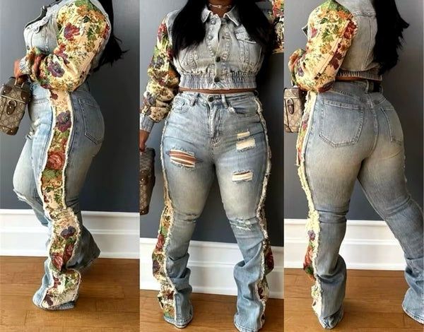 Women Fashion Floral Patchwork Two Piece Denim Jacket Pant Set