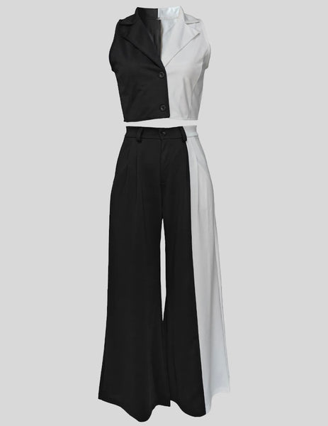 Women Fashion Sleeveless B&W Button Up Two Piece Pant Set