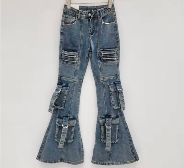 Women Fashion Zipper Cargo Boot Cut Denim Pants